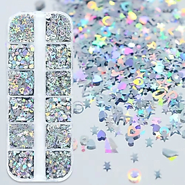 Holografik Gümüş Tırnak Süsleme Folyo Pulları Karışık Dizayn Kelebek Kalp Harfler Yıldızlar Nail Art