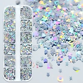Holografik Gümüş Tırnak Süsleme Folyo Pulları Karışık Dizayn Kelebek Kalp Harfler Yıldızlar Nail Art